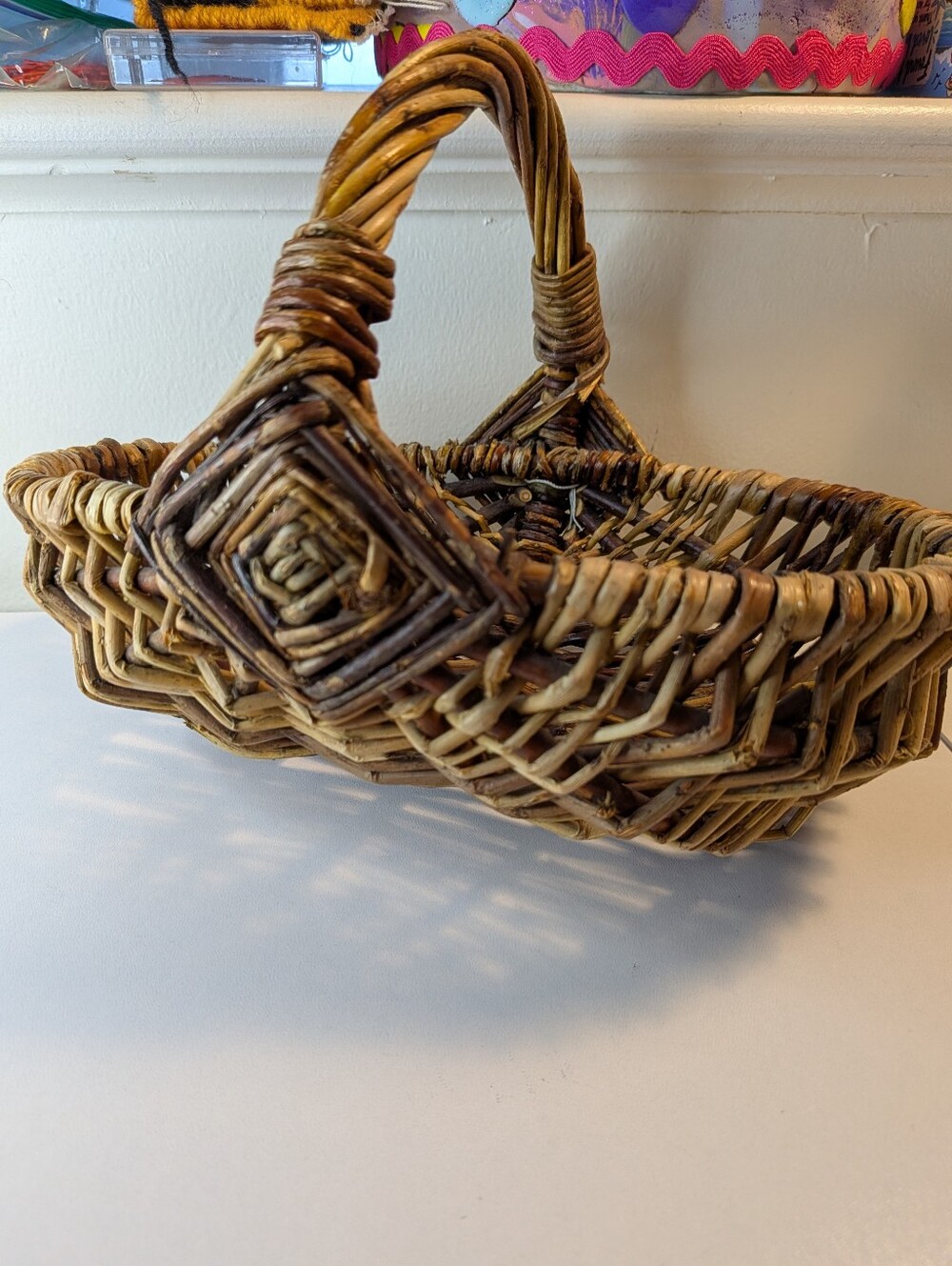 Vintage Handcrafted Woven Willow Gathering Basket Rustic Handle